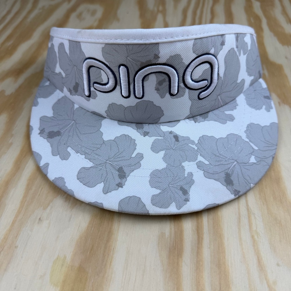 Ping Golf Visor Adjustable Hat Grey White Floral Hibiscus Navy Blue Strap
